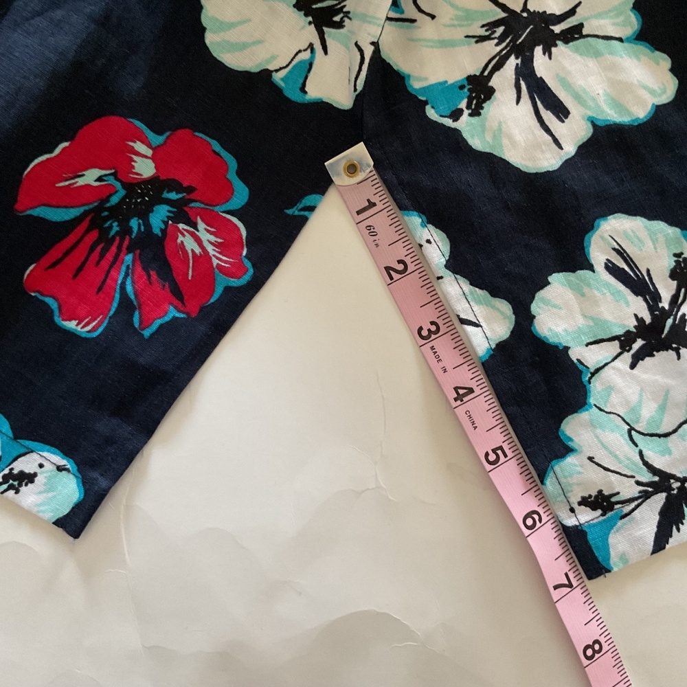 Talbots 100% Linen Beaded Neckline Navy Hibiscus Tropical Floral Tunic Dress XS - Picture 11 of 15